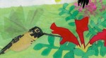 A paper-cut illustration of a hummingbird extracting nectar from a red flower.